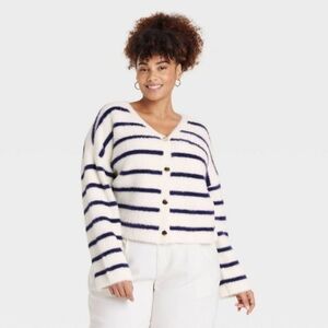 A New Day Women's Fuzzy Party Cardigan - Cream/Navy Striped